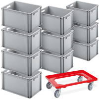 Lot de 10 bacs Euro 600x400x320 mm gris + roulette de transport