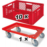 10x bac gerbables format euro 600x400x240 mm, qualité alimentaire, rouge + 1 roulette de transport