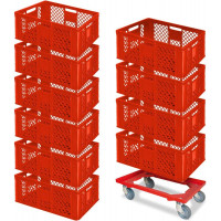 10x bac gerbables format euro 600x400x240 mm, qualité alimentaire, rouge + 1 roulette de transport