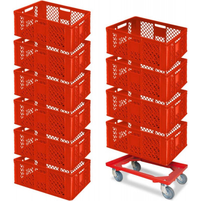 10x bac gerbables format euro 600x400x240 mm, qualité alimentaire, rouge + 1 roulette de transport