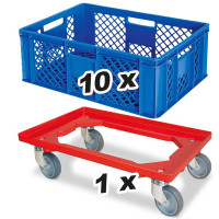 10x bac gerbables format euro 600x400x240 mm, qualité alimentaire, bleu + 1 roulette de transport