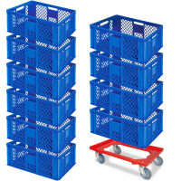 10x bac gerbables format euro 600x400x240 mm, qualité alimentaire, bleu + 1 roulette de transport