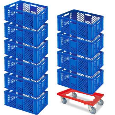 10x bac gerbables format euro 600x400x240 mm, qualité alimentaire, bleu + 1 roulette de transport