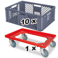 10x bac gerbables format euro 600x400x240 mm, qualité alimentaire, gris + 1 roulette de transport