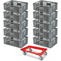 10x bac gerbables format euro 600x400x240 mm, qualité alimentaire, gris + 1 roulette de transport