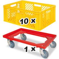 10x bac gerbables format euro 600x400x240 mm, qualité alimentaire, jaune + 1 roulette de transport