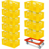 10x bac gerbables format euro 600x400x240 mm, qualité alimentaire, jaune + 1 roulette de transport