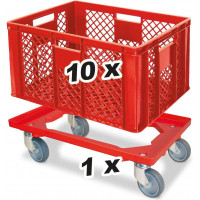 10x bac gerbables format euro 600x400x320 mm, qualité alimentaire, rouge + 1 roulette de transport