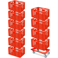 10x bac gerbables format euro 600x400x320 mm, qualité alimentaire, rouge + 1 roulette de transport