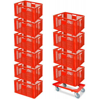 10x bac gerbables format euro 600x400x320 mm, qualité alimentaire, rouge + 1 roulette de transport
