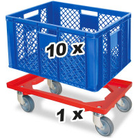 10x bac gerbables format euro 600x400x320 mm, qualité alimentaire, bleu + 1 roulette de transport
