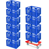 10x bac gerbables format euro 600x400x320 mm, qualité alimentaire, bleu + 1 roulette de transport