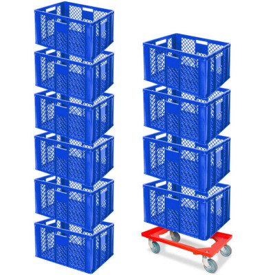 10x bac gerbables format euro 600x400x320 mm, qualité alimentaire, bleu + 1 roulette de transport