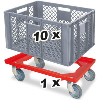 10x bac gerbables format euro 600x400x320 mm, qualité alimentaire, gris + 1 roulette de transport