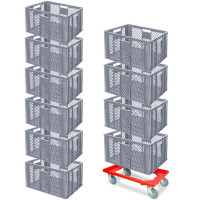 10x bac gerbables format euro 600x400x320 mm, qualité alimentaire, gris + 1 roulette de transport