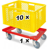 10x bac gerbables format euro 600x400x320 mm, qualité alimentaire, jaune + 1 roulette de transport