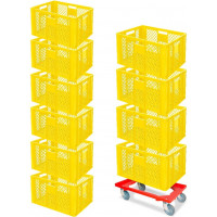 10x bac gerbables format euro 600x400x320 mm, qualité alimentaire, jaune + 1 roulette de transport