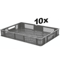 10x Bac gerbable normes Europe à parois et fonds ajourés - Lxlxh 600x400x90 mm, gris