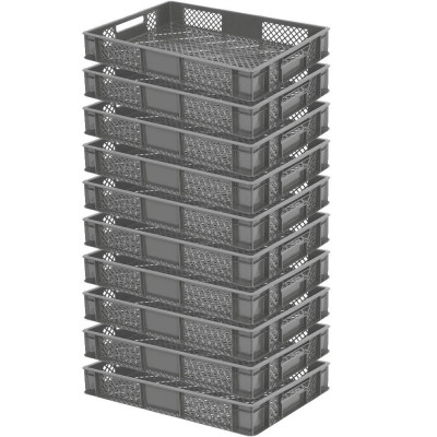 10x Bac gerbable normes Europe à parois et fonds ajourés - Lxlxh 600x400x90 mm, gris