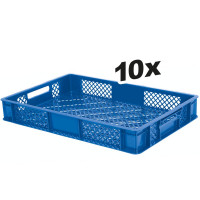 10x Bac gerbable normes Europe à parois et fonds ajourés - Lxlxh 600x400x90 mm, bleu