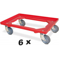 Lot de 6 trottinettes de transport pour conteneurs 600 x 400 mm, capacité de charge 250 kg, rouge