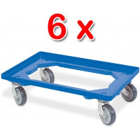 Lot de 6 trottinettes de transport pour conteneurs 600 x 400 mm, capacité de charge 250 kg, bleu