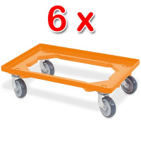 Lot de 6 trottinettes de transport pour conteneurs 600 x 400 mm, capacité de charge 250 kg, orange