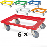 Lot de 6 trottinettes de transport pour conteneurs 600 x 400 mm, capacité de charge 250 kg, 6 couleurs