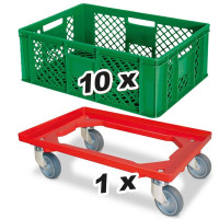 10x bac gerbables format euro 600x400x240 mm, qualité alimentaire, vert + 1 roulette de transport