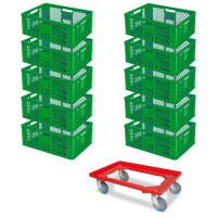10x bac gerbables format euro 600x400x240 mm, qualité alimentaire, vert + 1 roulette de transport