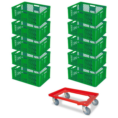 10x bac gerbables format euro 600x400x240 mm, qualité alimentaire, vert + 1 roulette de transport