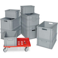 12x Boîtes empilables Euro gris en 4 tailles + 1 chariot de transport