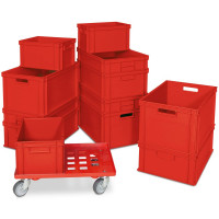 12x Boîtes empilables Euro rouge en 4 tailles + 1 chariot de transport