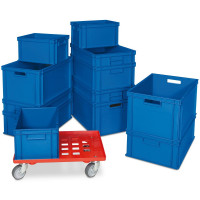 12x Boîtes empilables Euro bleu en 4 tailles + 1 chariot de transport