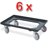 Lot de 6 trottinettes de transport pour conteneurs 600 x 400 mm, capacité de charge 250 kg, noir