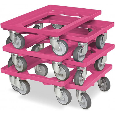 Lot de 6 trottinettes de transport pour conteneurs 600 x 400 mm, capacité de charge 250 kg, rose